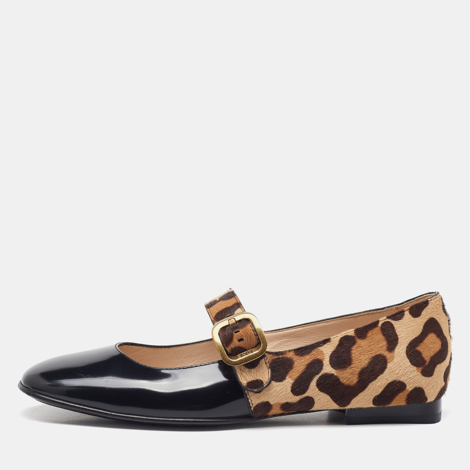tod's black/brown leather and leopard print calf hair mary jane ballet flats size 37.5