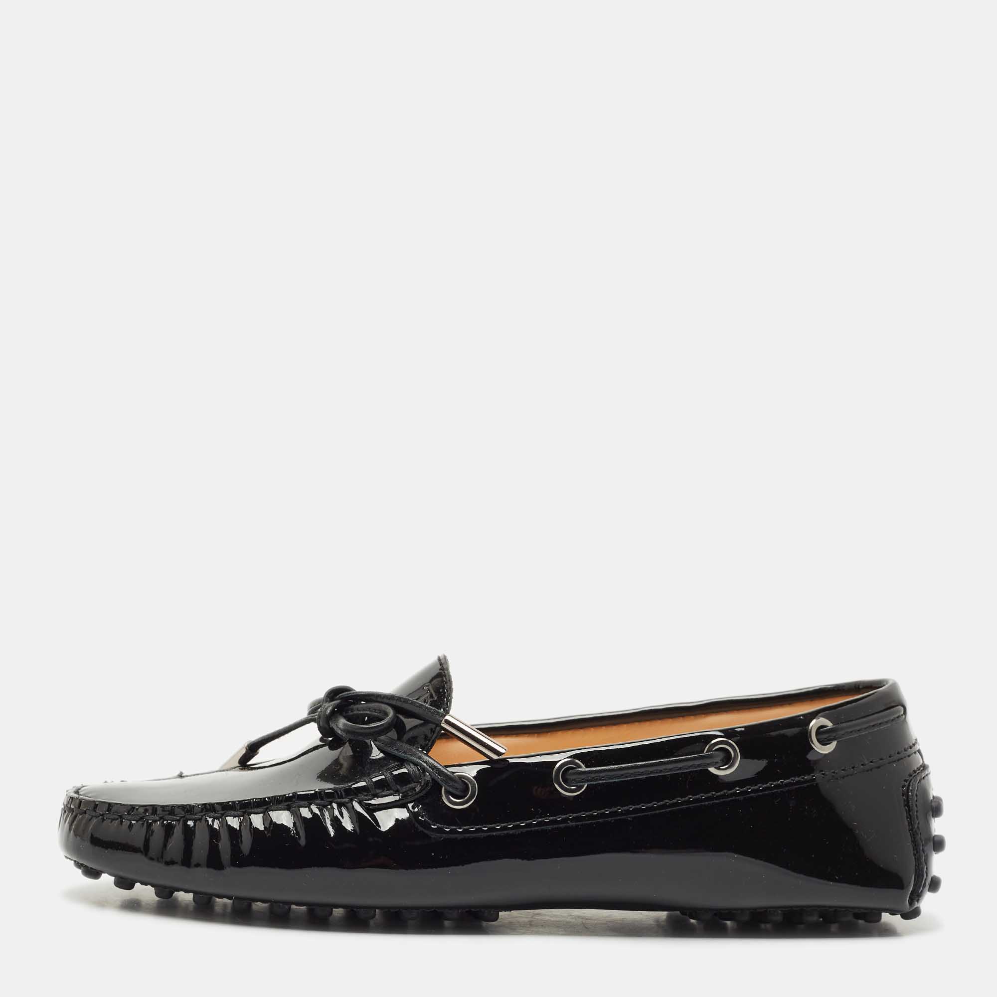 tod's black patent leather bow slip on loafers size 36