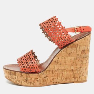 tory burch orange perforated leather daisy cork wedge sandals size 41.5