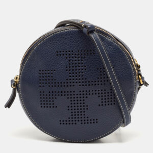 tory burch navy blue leather t perforated logo round crossbody bag