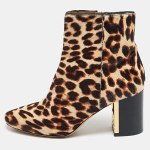 tory burch brown calf hair leopard print  gigi ankle length boots size 36.5