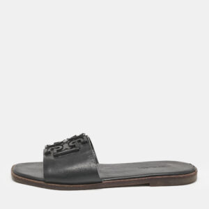 tory burch black leather double t slide flat sandals size 35