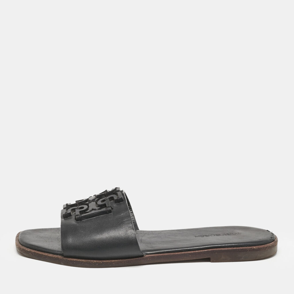 luxury-women-tory-burch-used-shoes-p1141713-003.jpg Tory Burch Black Leather Double T Slide Flat Sandals Size 35