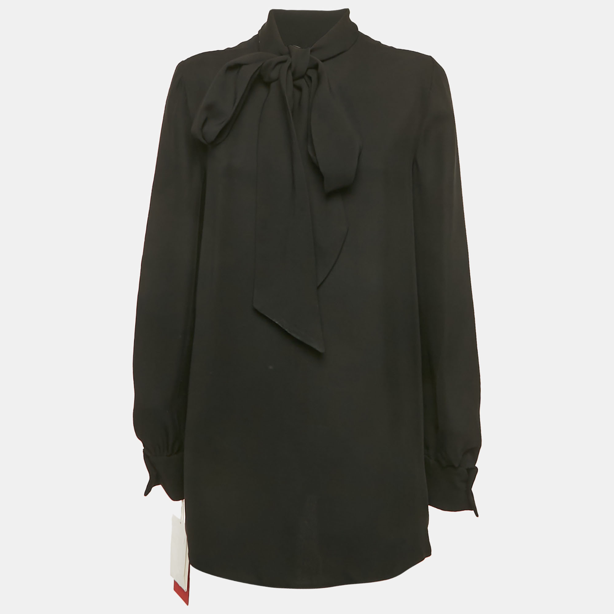 valentino black silk blend crepe tie-up neck detail top m