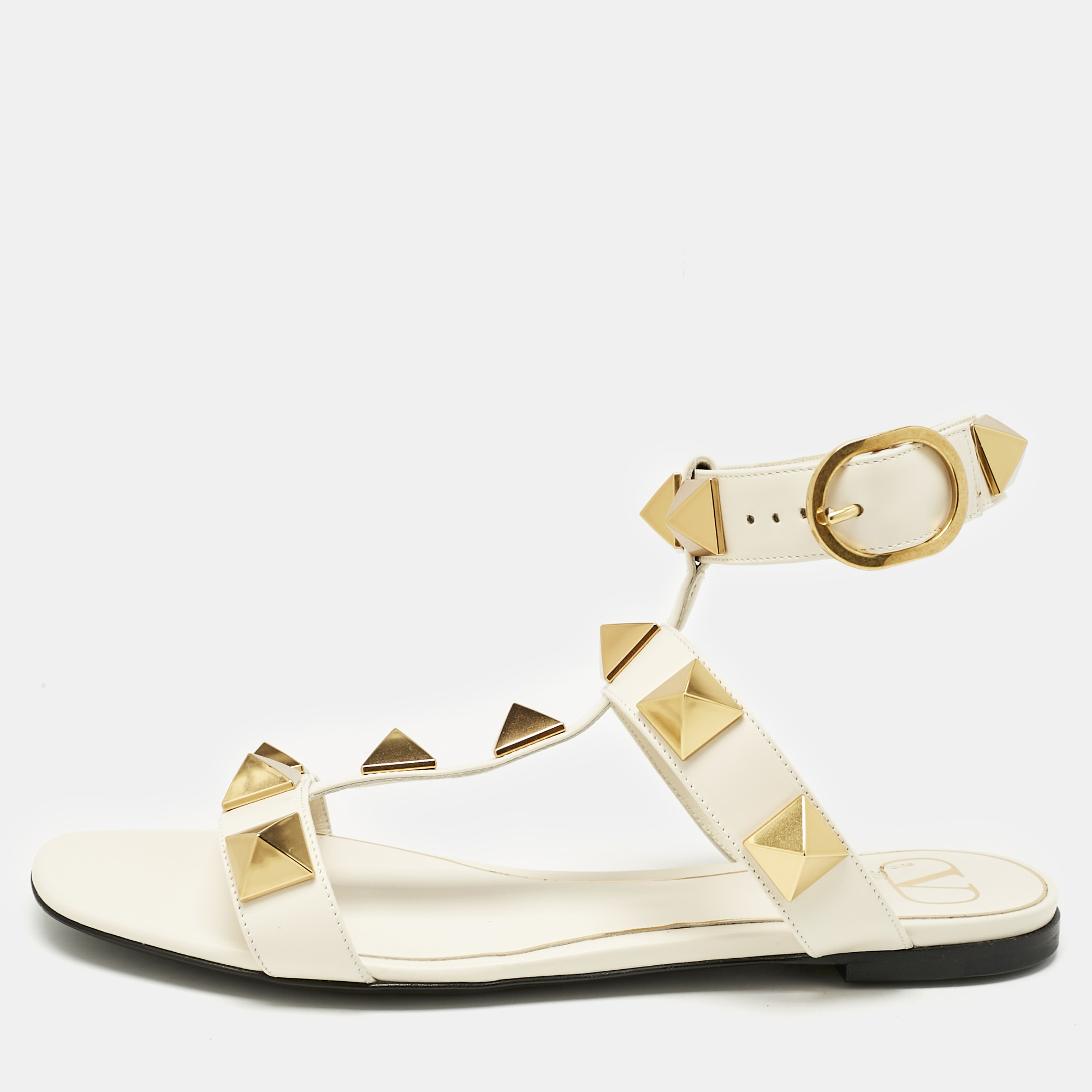 valentino cream leather roman stud flat sandals size 38