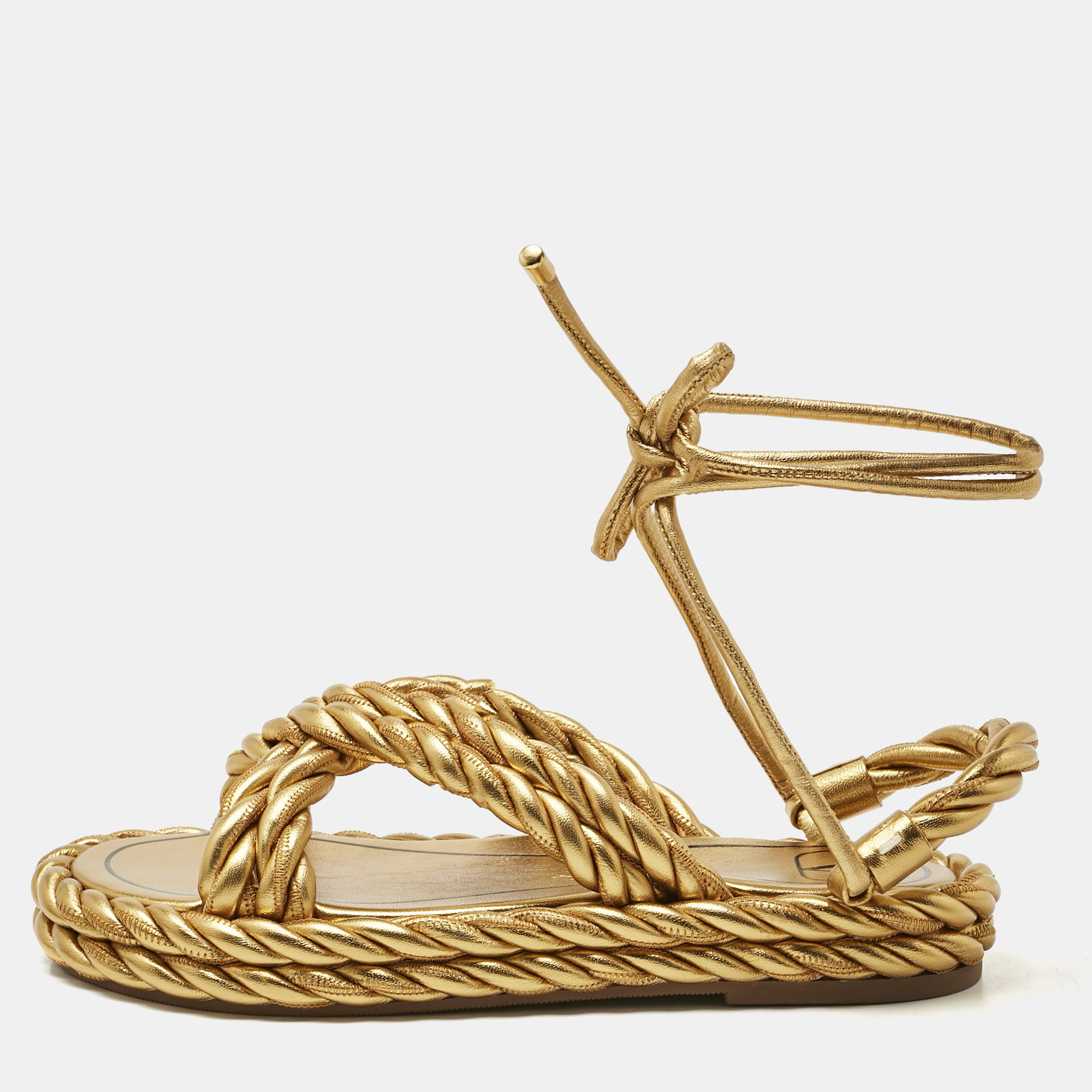 valentino gold leather the rope  ankle wrap flat sandals size 36
