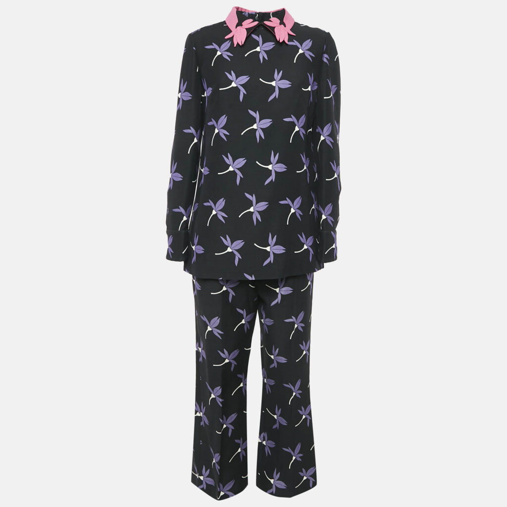 Valentino Black Floral Print Wool Blend Top and Pants Set M