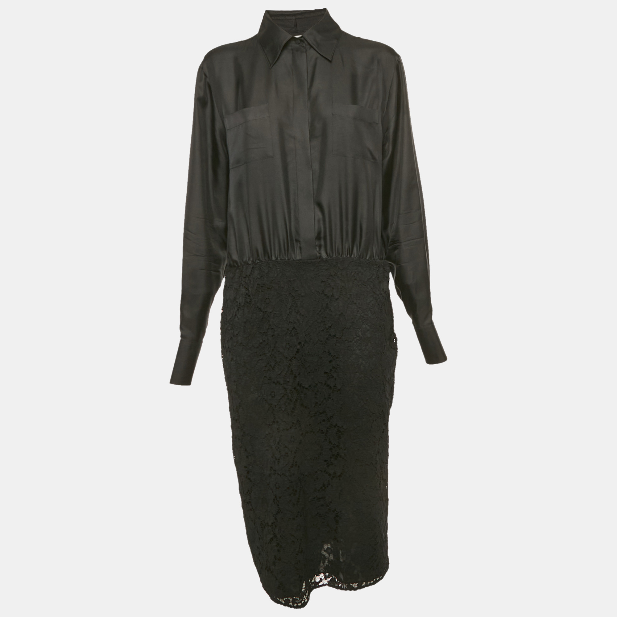valentino black lace and satin long sleeve midi dress l