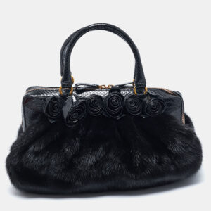 valentino black snakeskin and fur frame satchel