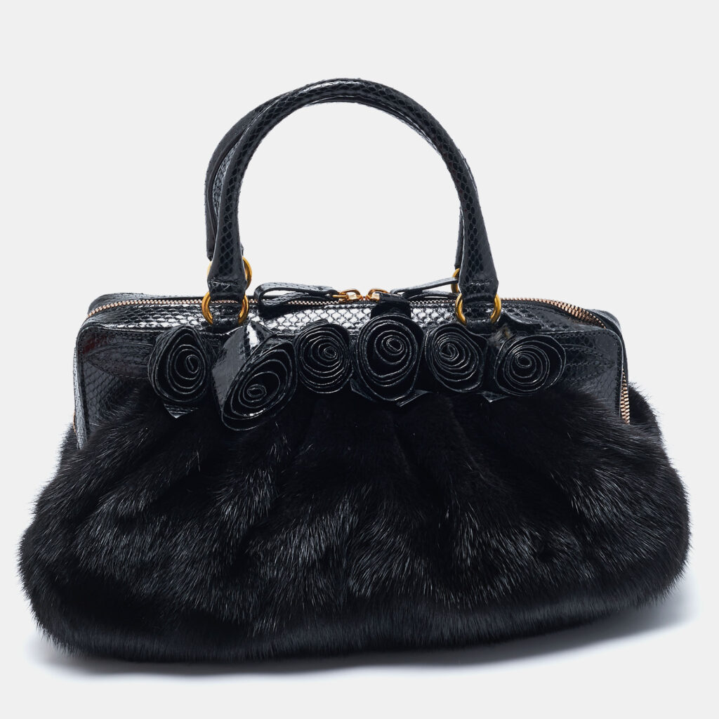 luxury-women-valentino-used-handbags-p1130333-010.jpg Valentino Black Snakeskin and Fur Frame Satchel