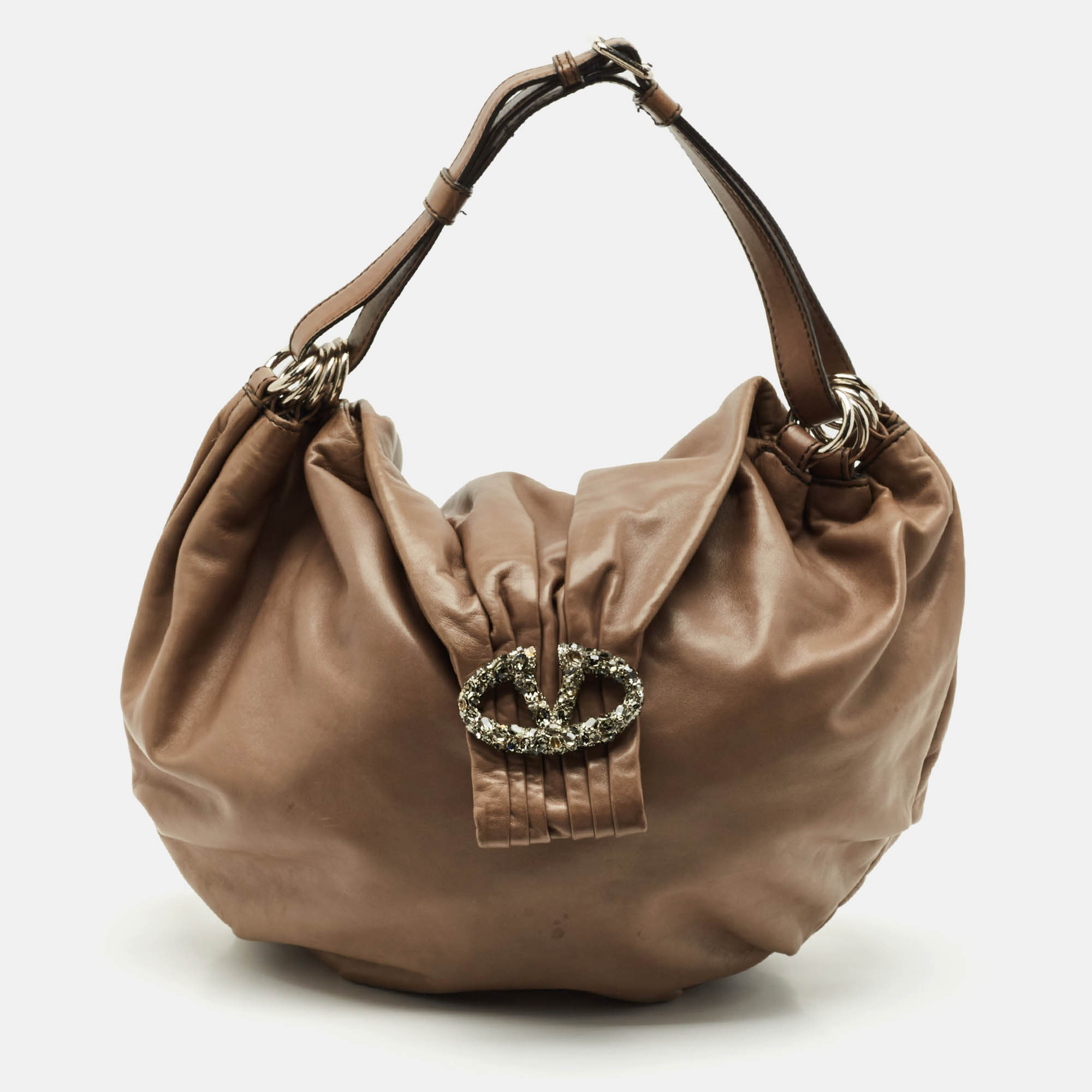 valentino beige leather crystal embellished catch hobo