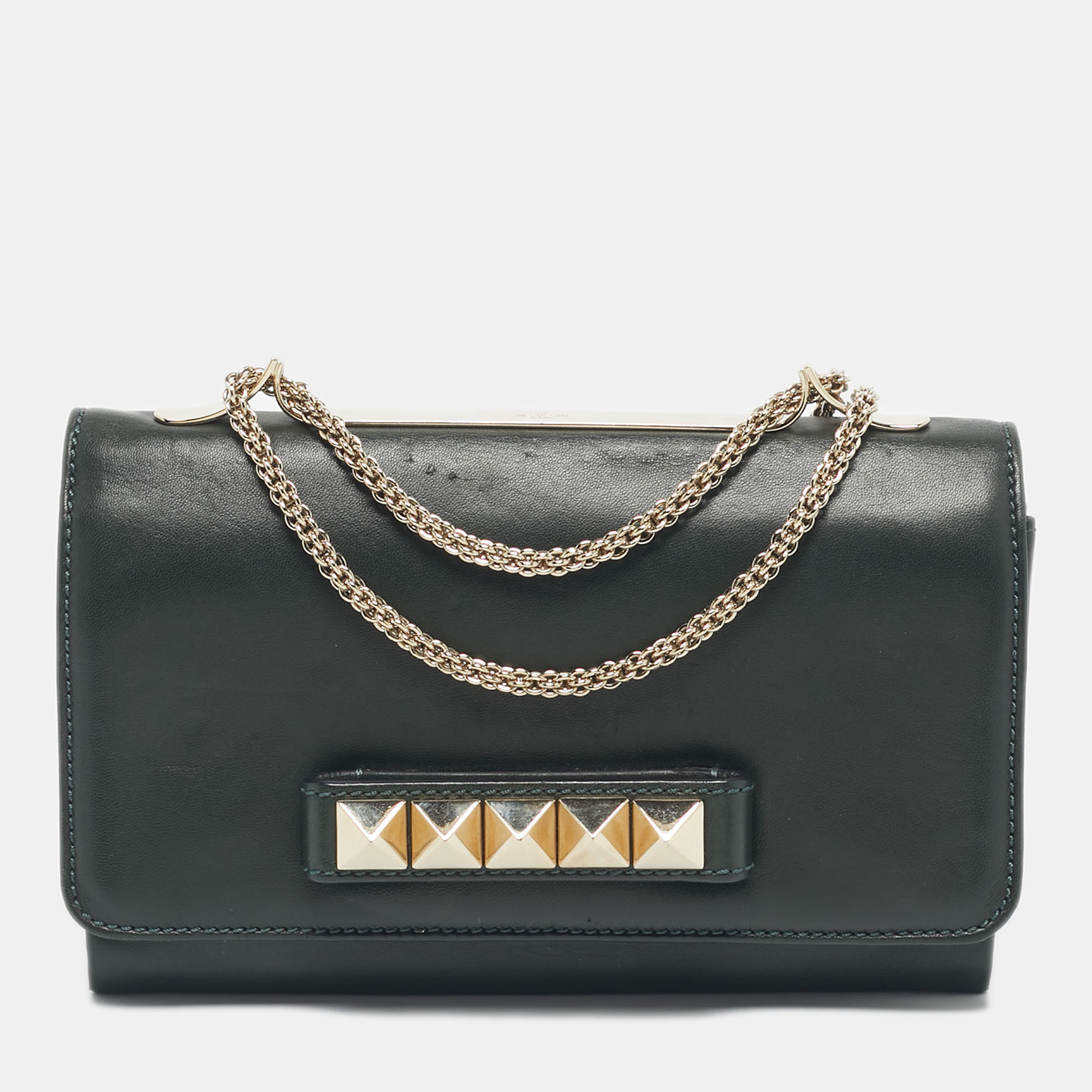 valentino green leather rockstud va va voom chain shoulder bag