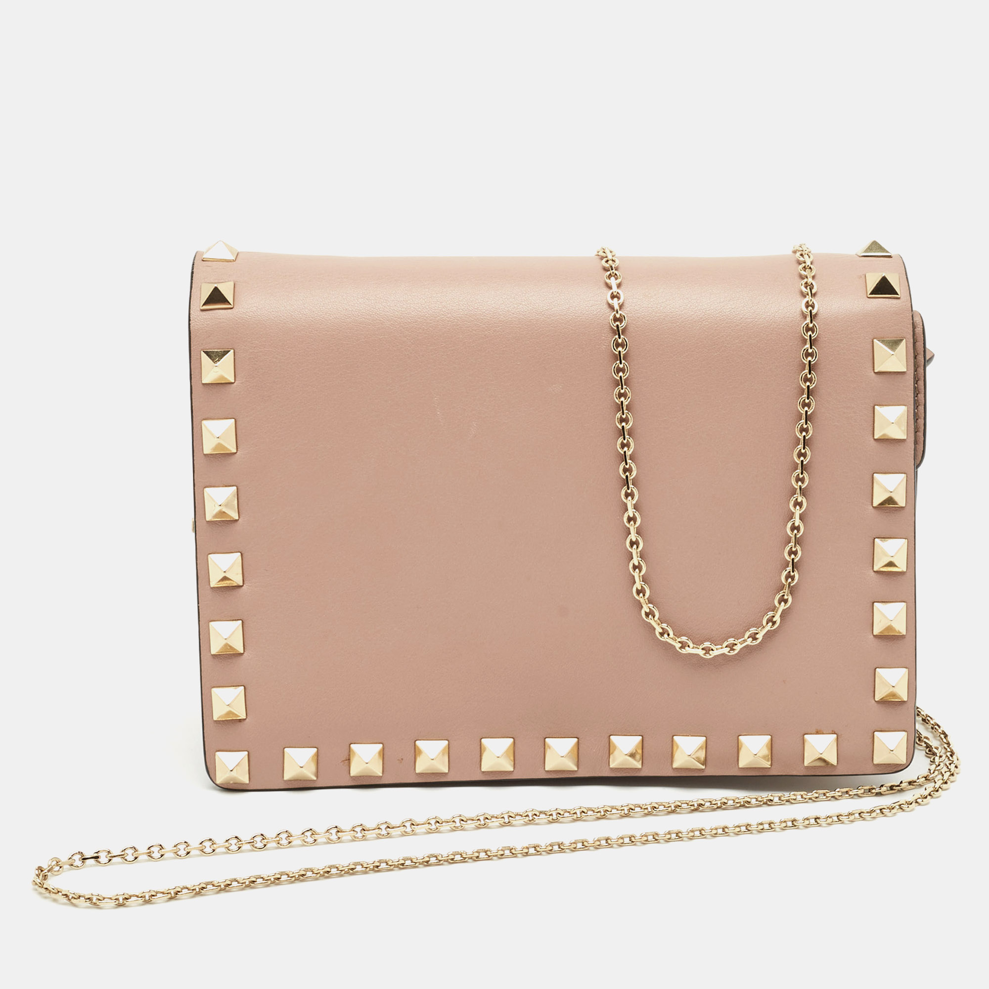 valentino beige leather rockstud flap wallet on chain