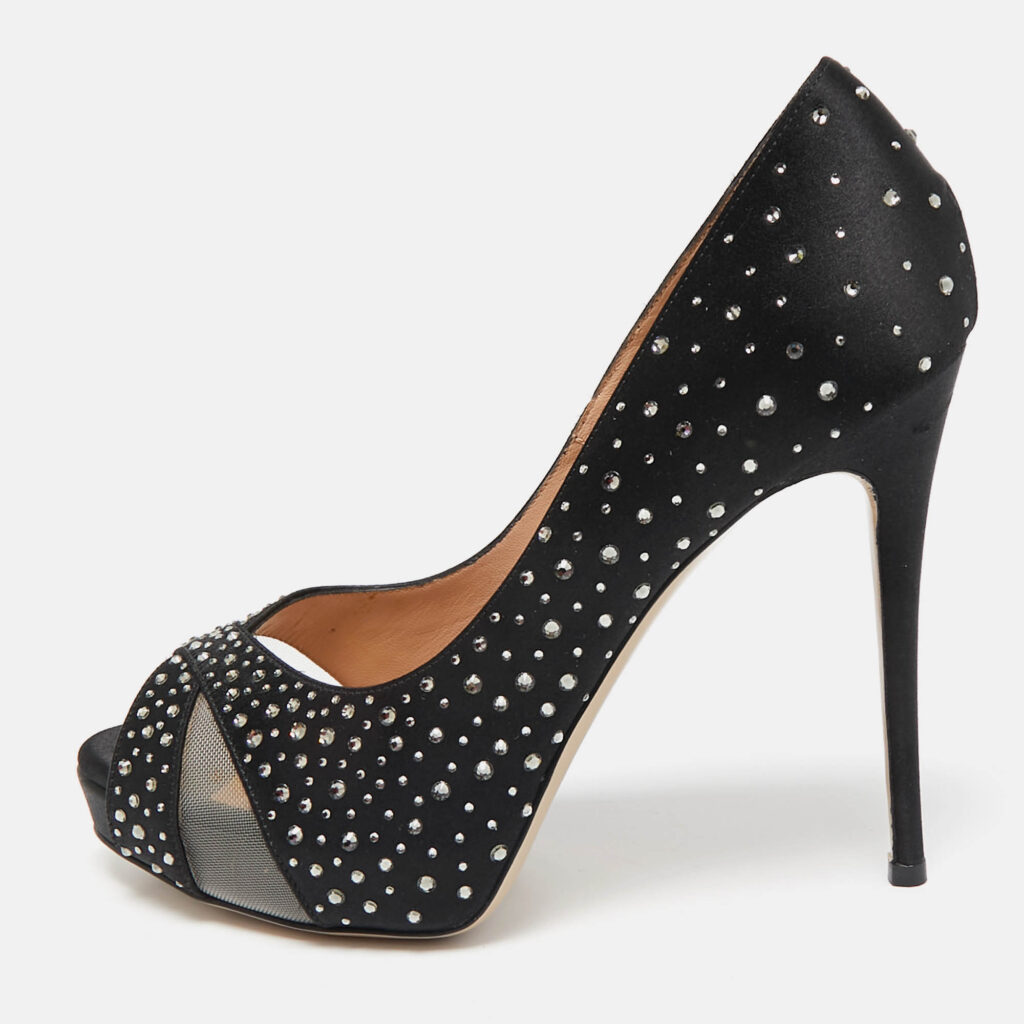 luxury-women-valentino-used-shoes-p1107388-010.jpg Valentino Black Satin and Mesh Crystal Embellished Platform Pumps Size 37.5