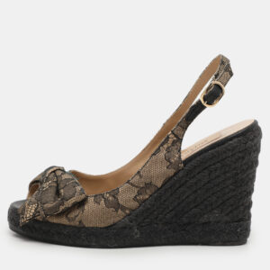 valentino black/beige lace bow slingback wedge espadrille sandals size 36.5