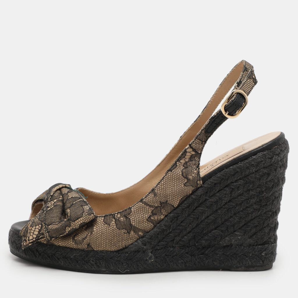 luxury-women-valentino-used-shoes-p1121281-001.jpg Valentino Black/Beige Lace Bow Slingback Wedge Espadrille Sandals Size 36.5