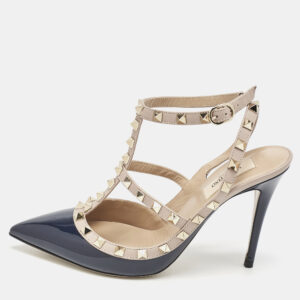 valentino navy blue/beige leather and patent rockstud caged pumps size 38.5