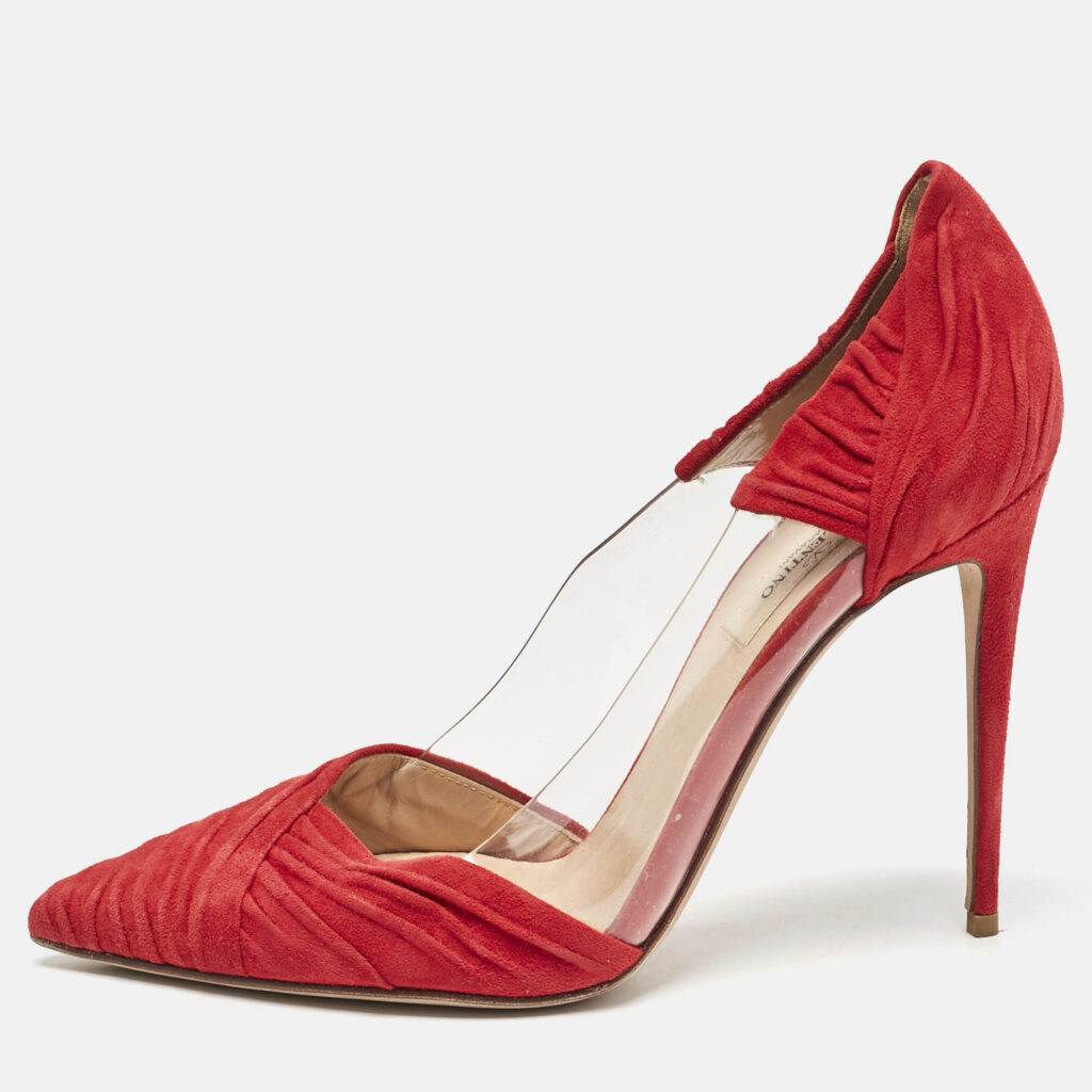 luxury-women-valentino-used-shoes-p1144674-010-2.jpg Valentino Red Suede and PVC B Drape Pointed Toe Pumps Size 38