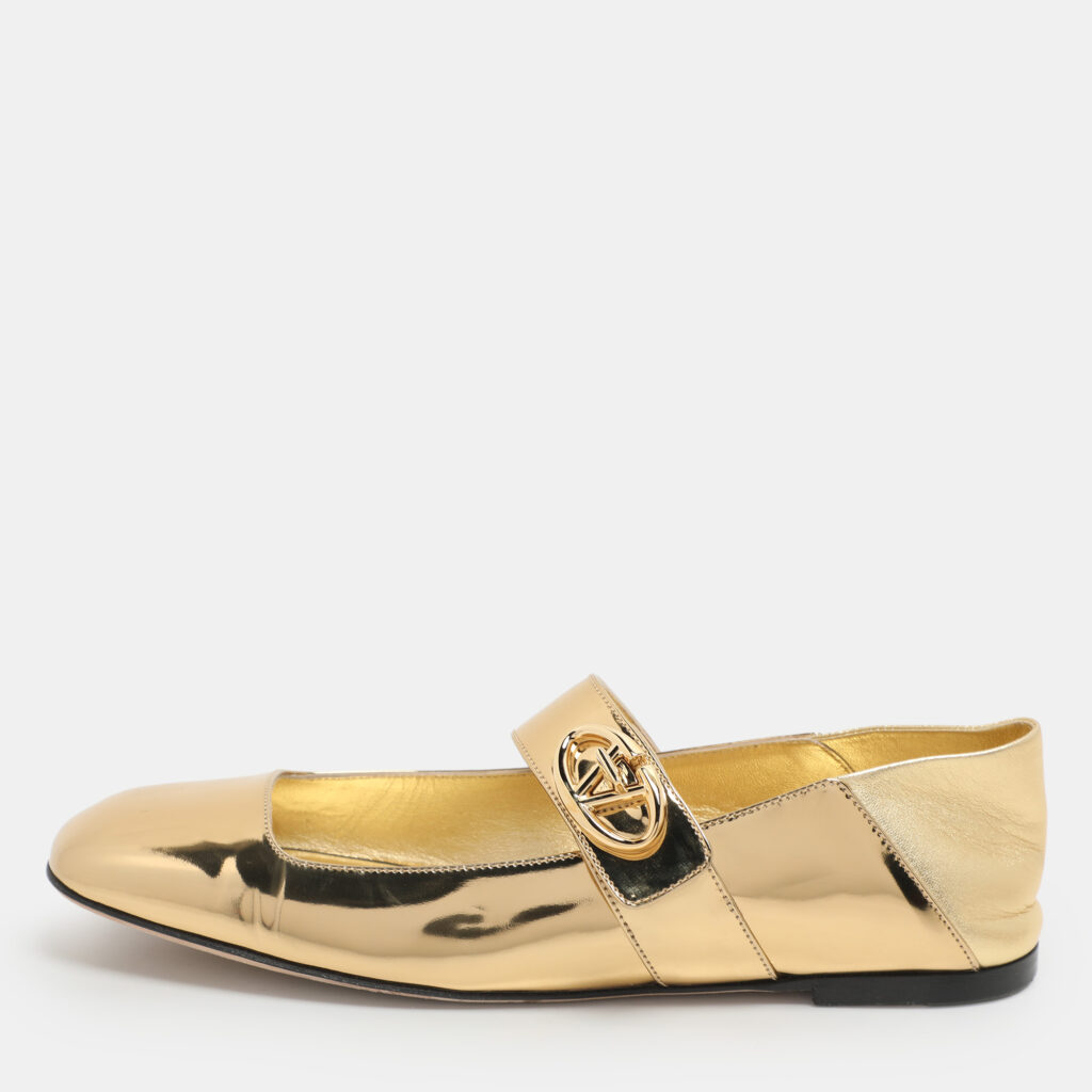 luxury-women-valentino-used-shoes-p1160984-002-2.jpg Valentino Gold Patent Leather VLogo Locker Mary Jane Ballet Flats Size 36.5