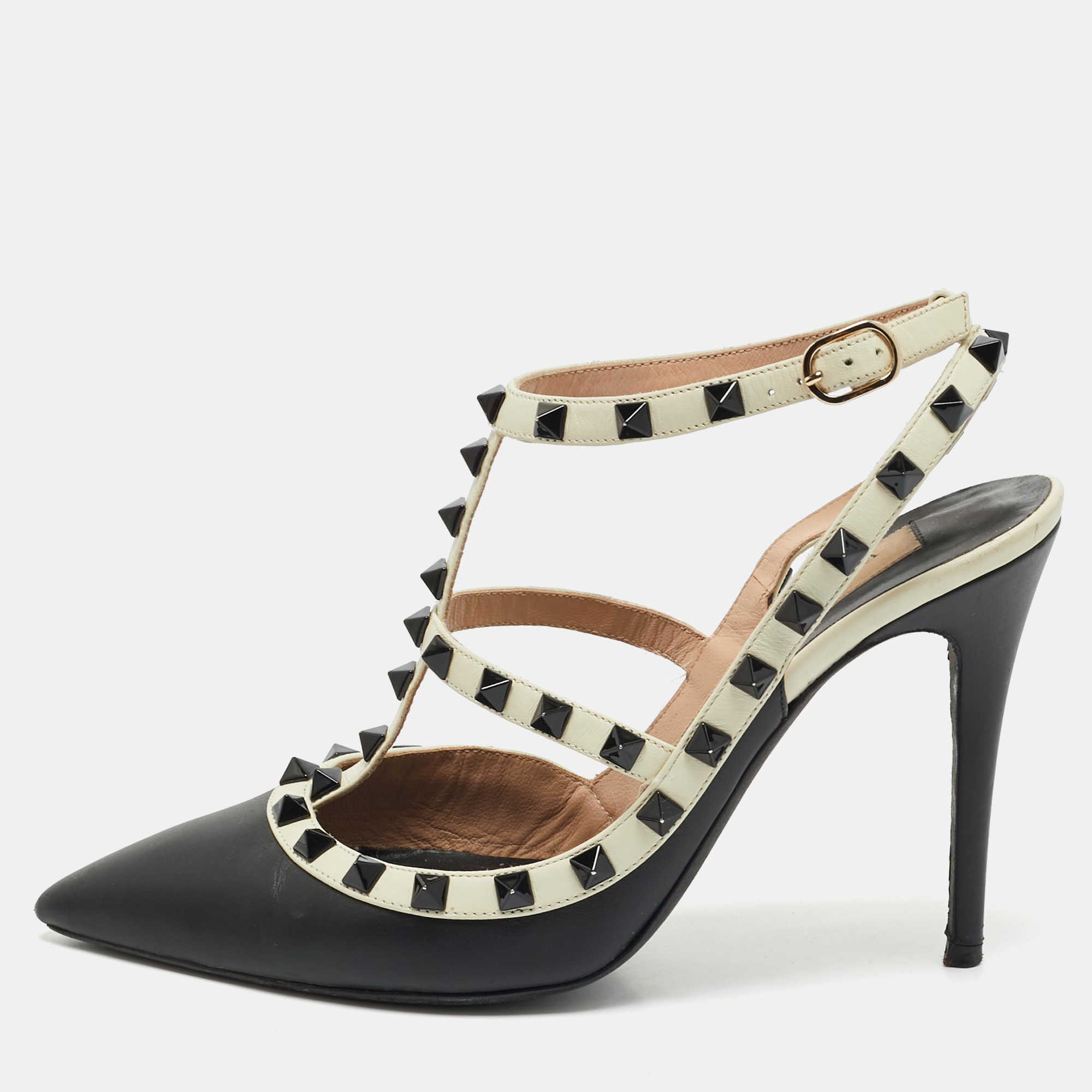 valentino black/white leather rockstud ankle strap pumps size 39