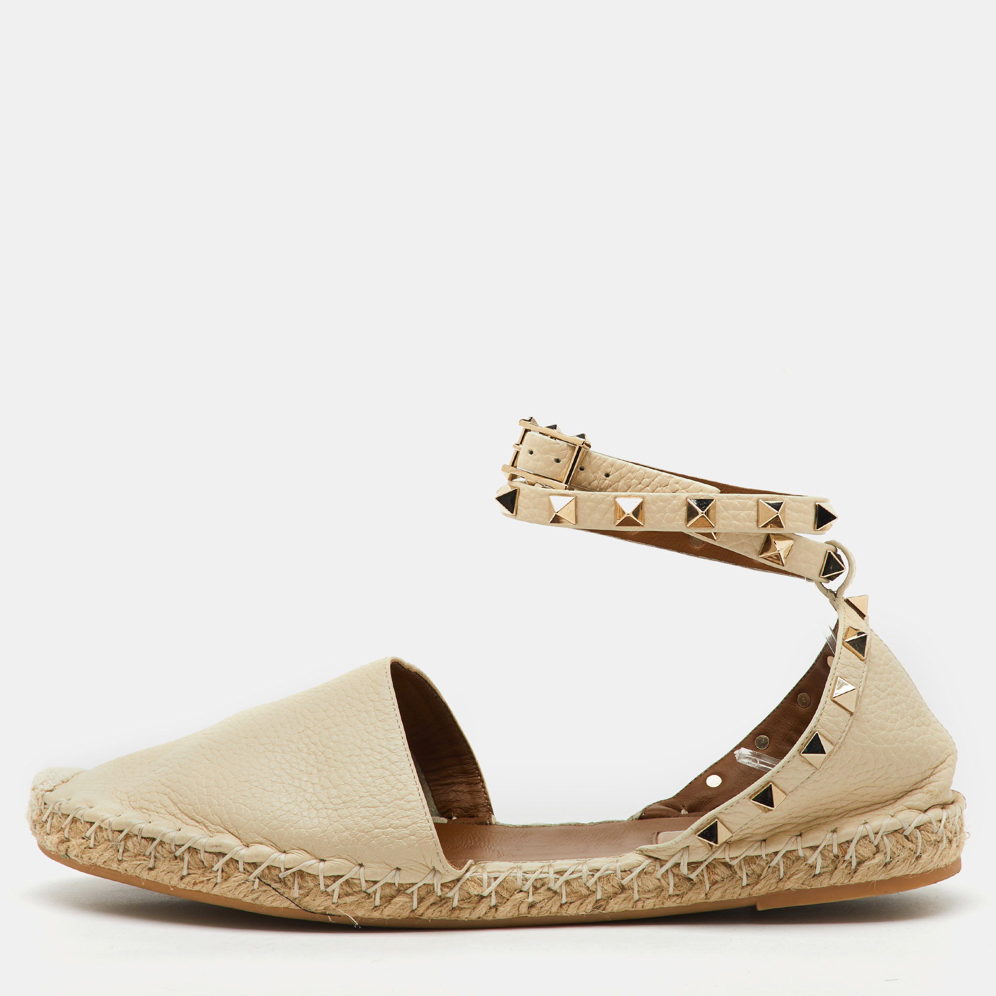 valentino cream leather rockstud ankle strap espadrille flats size 39