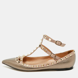 luxury-women-valentino-used-shoes-p1172332-001.jpg valentino metallic/beige leather rockstud caged ankle strap ballet flats size 38.5
