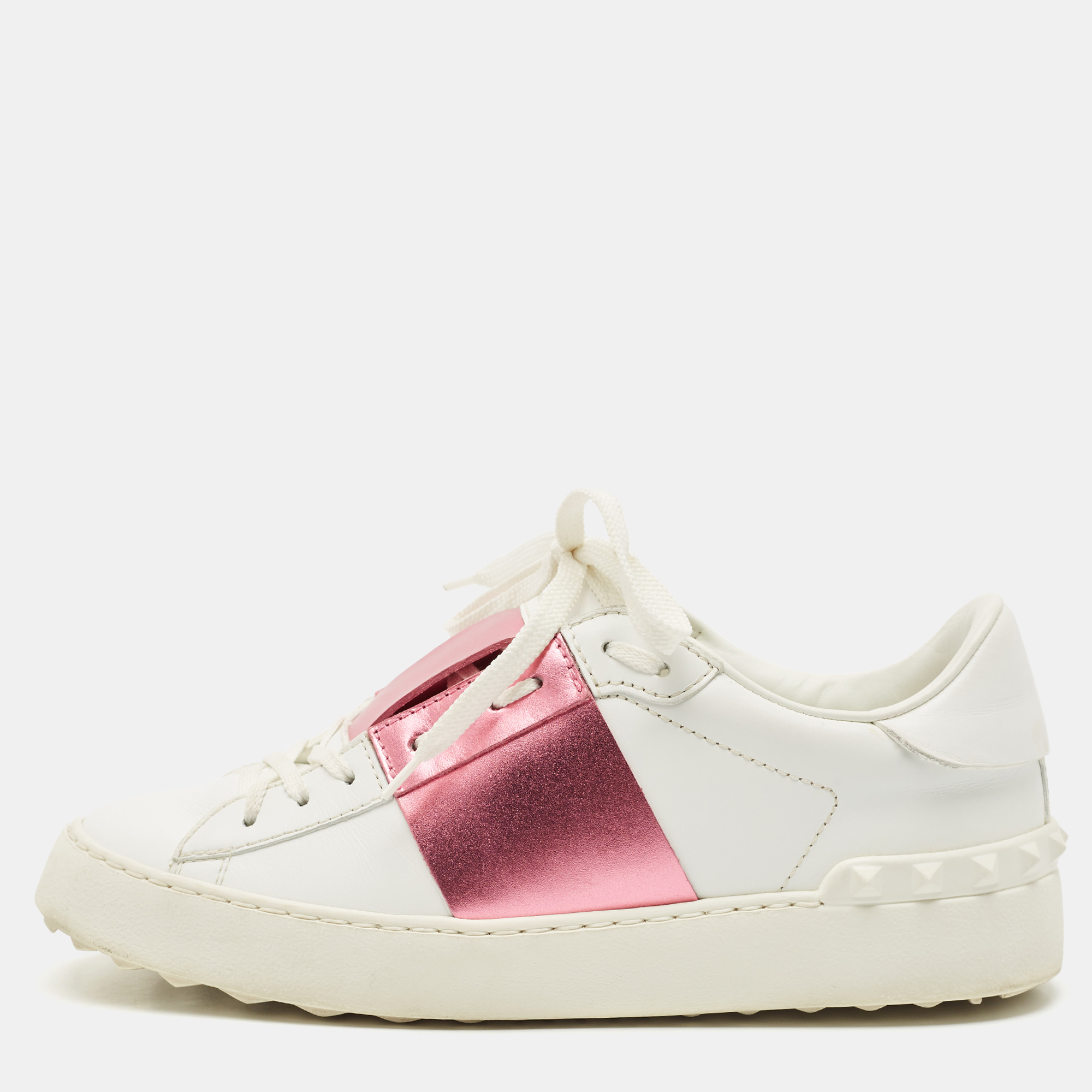 valentino white/pink leather rockstud lace up  sneakers size 37