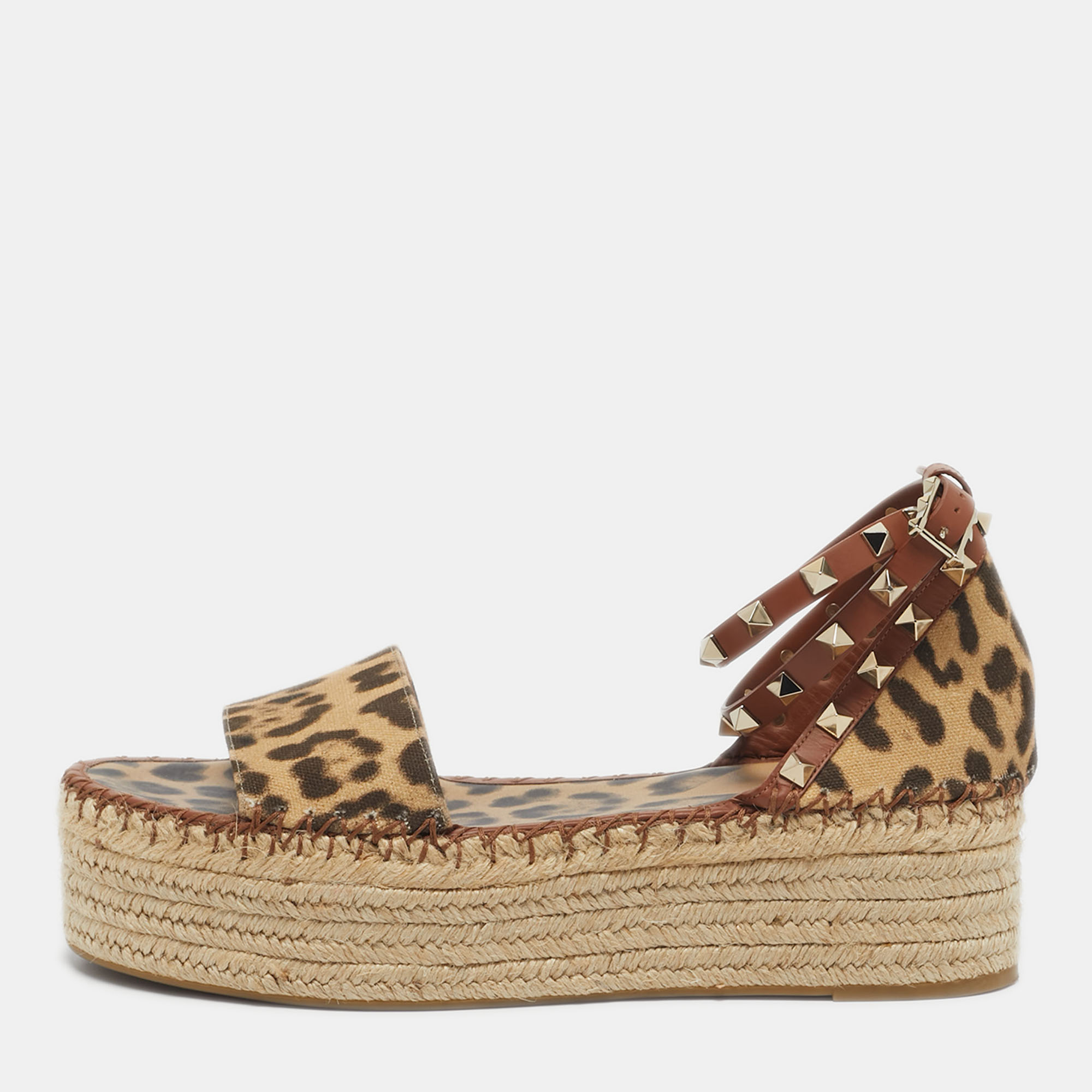 valentino beige/brown leopard canvas rockstud ankle strap platform sandals size 40
