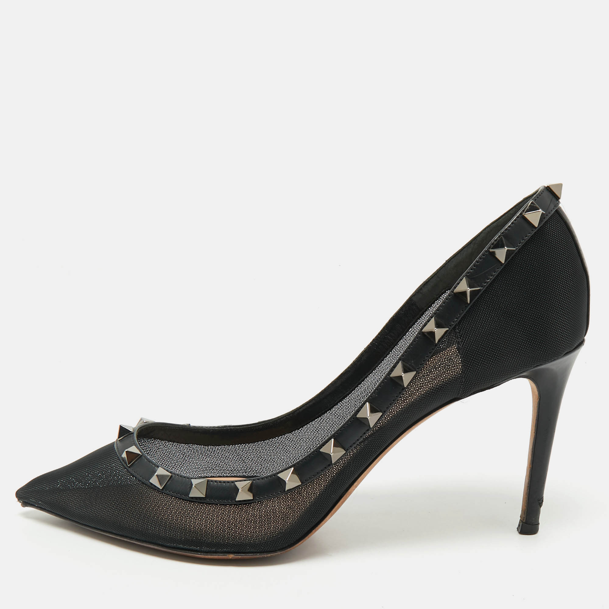 valentino black leather and mesh rockstud pointed toe pumps size 40.5