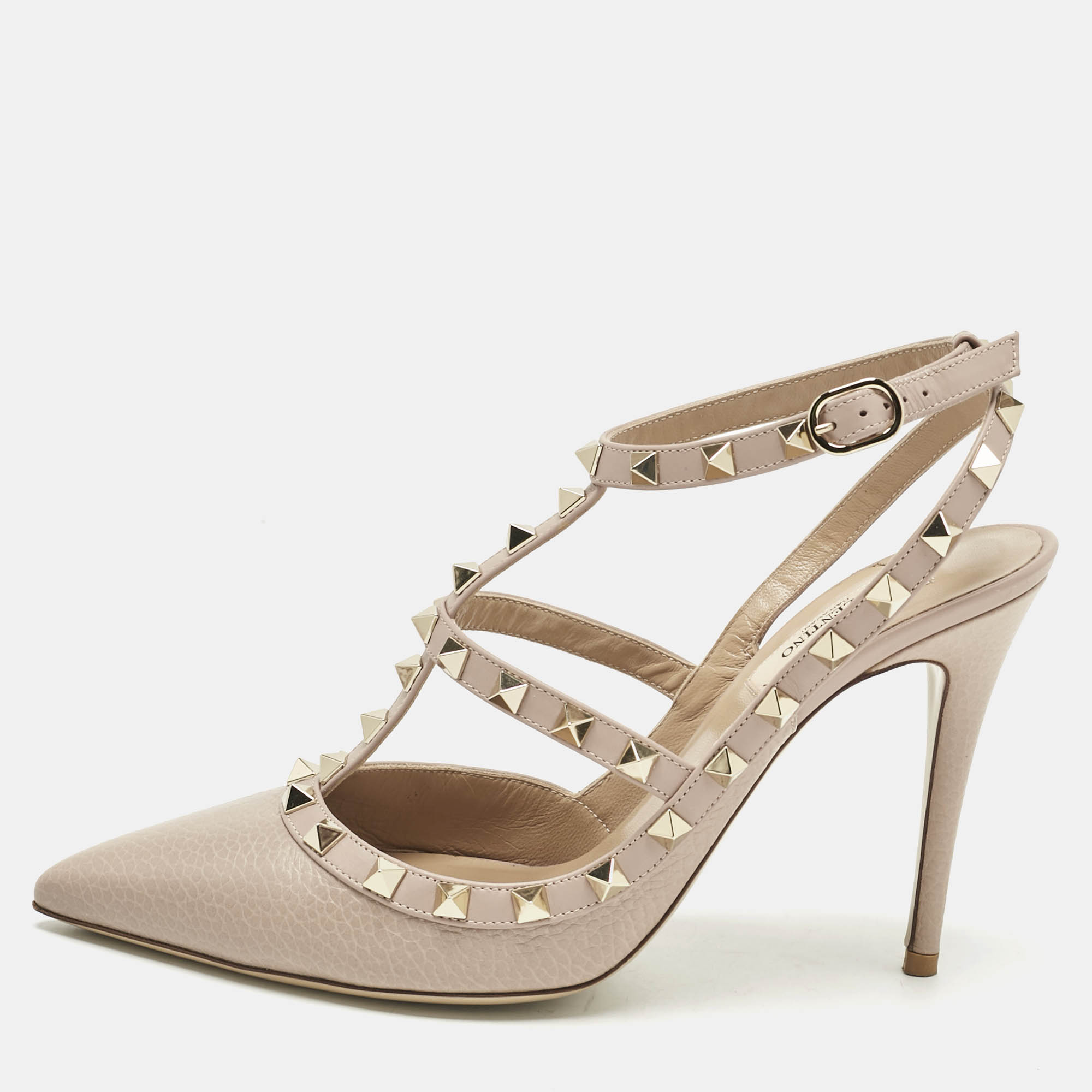 valentino beige  leather rockstud ankle strap pumps size 39.5