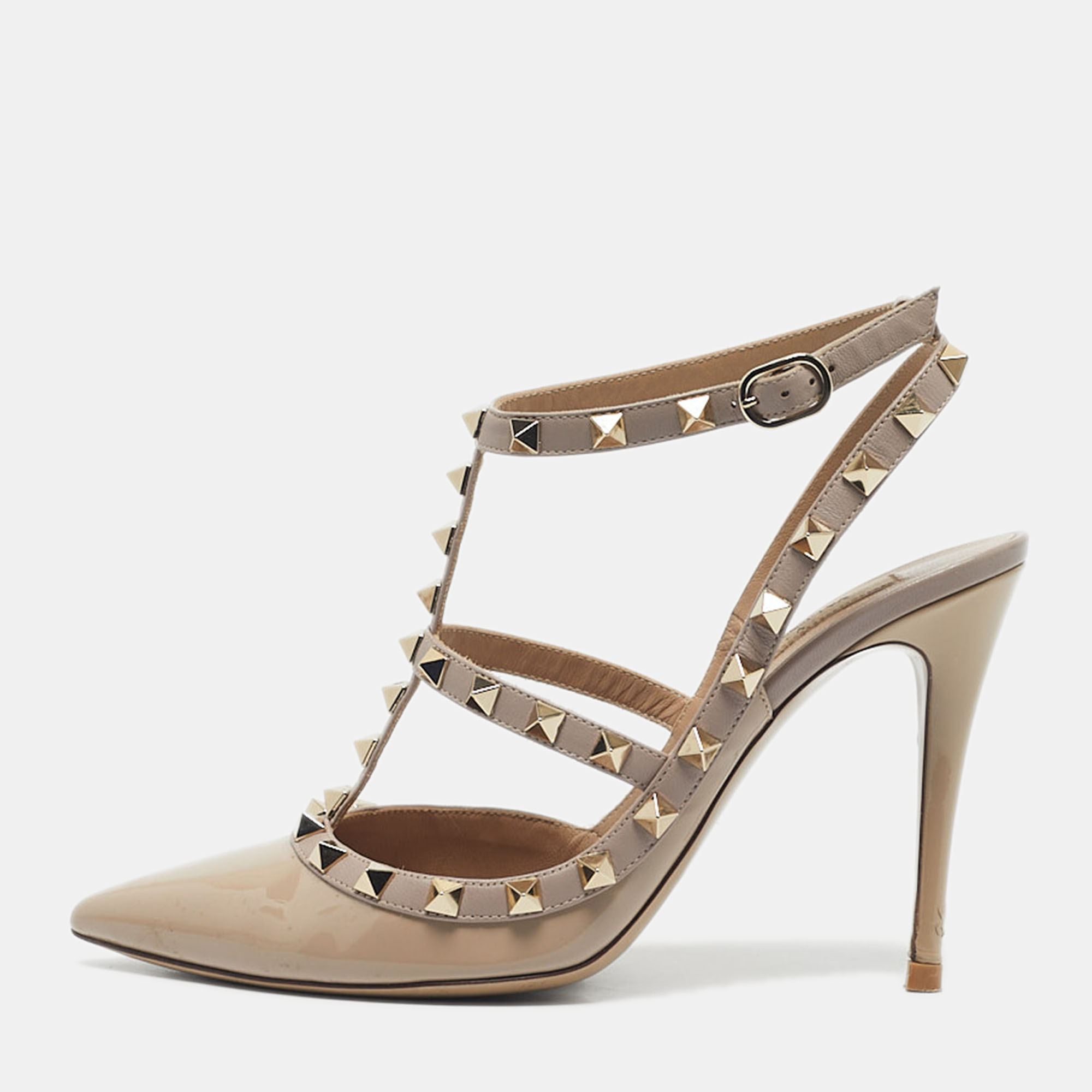 valentino beige patent and leather rockstud ankle strap sandals size 38