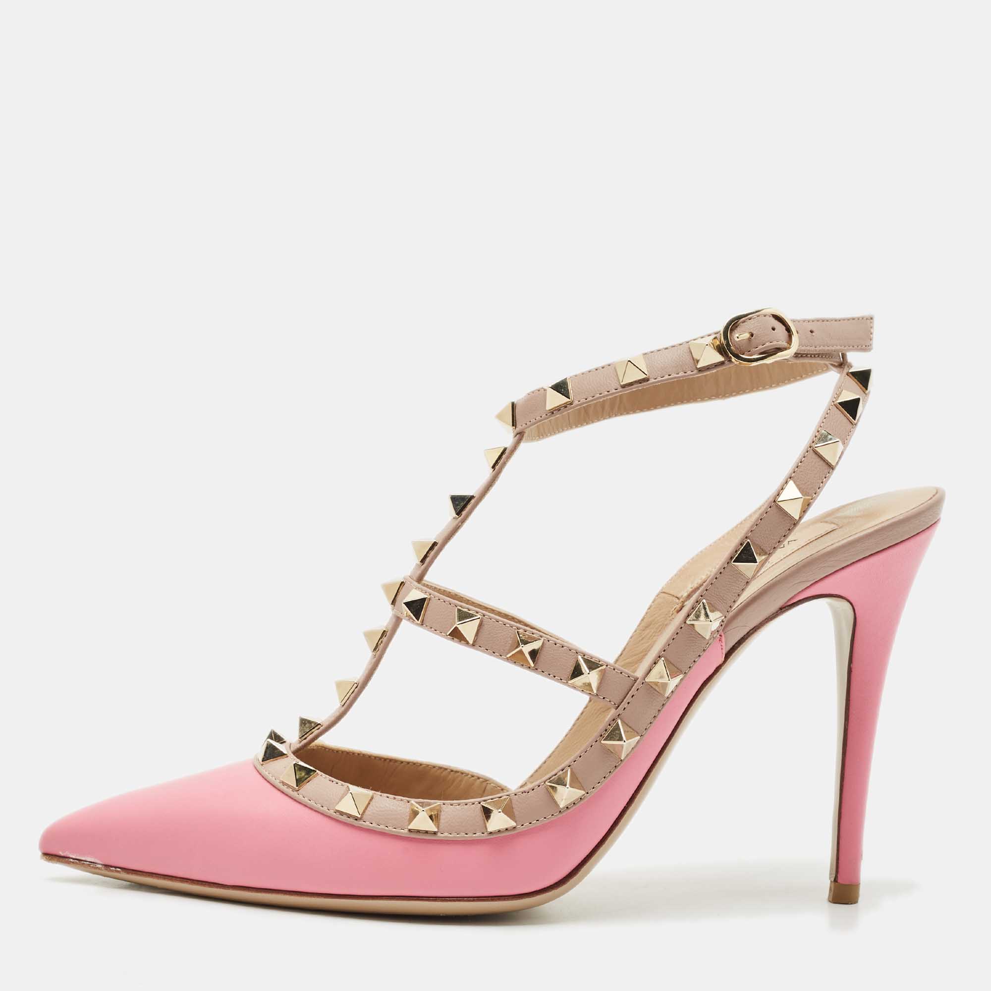 valentino pink/beige leather rockstud caged pumps size 40