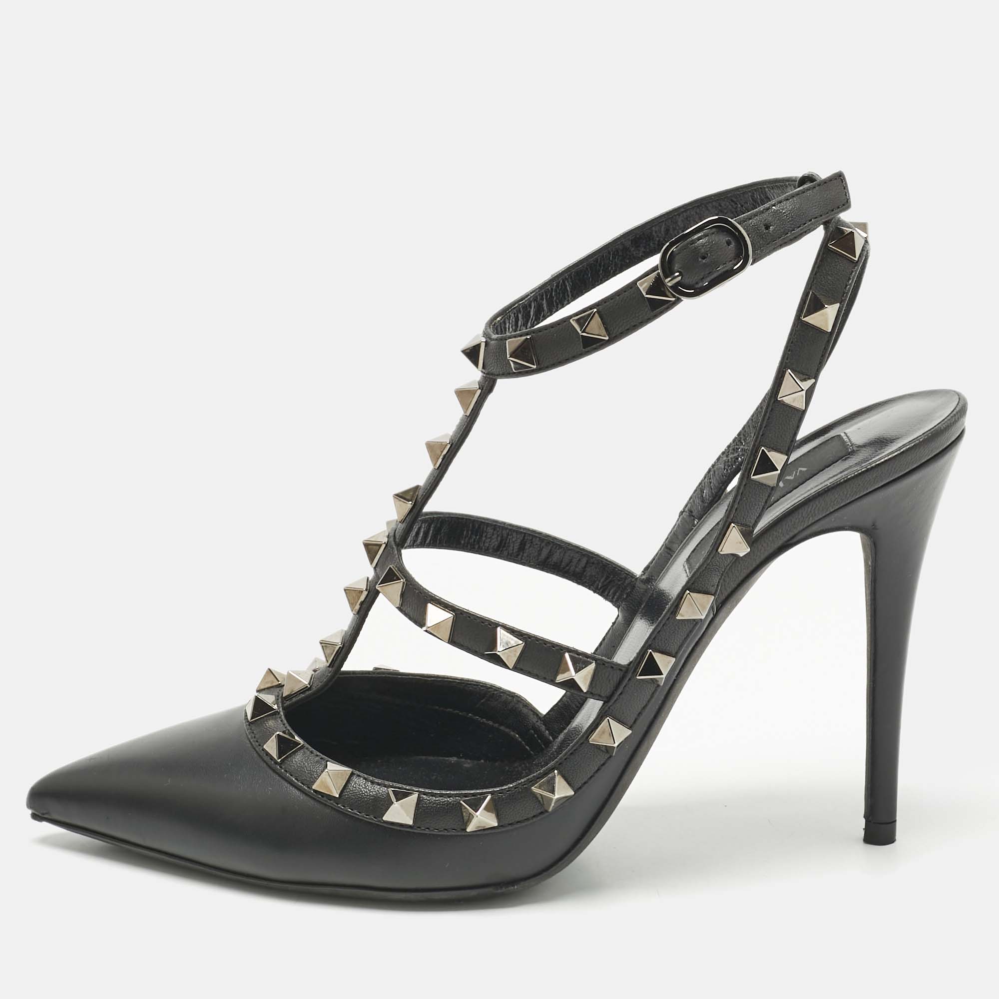 valentino black  leather rockstud caged pumps size 40