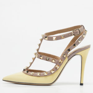 luxury-women-valentino-used-shoes-p1208844-009.jpg valentino yellow/beige patent leather rockstud caged ankle strap pumps size 36