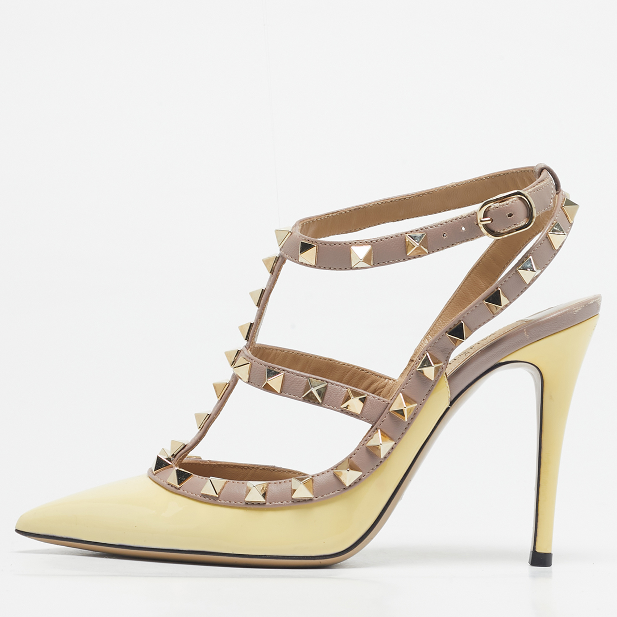 valentino yellow/beige patent leather rockstud caged ankle strap pumps size 36