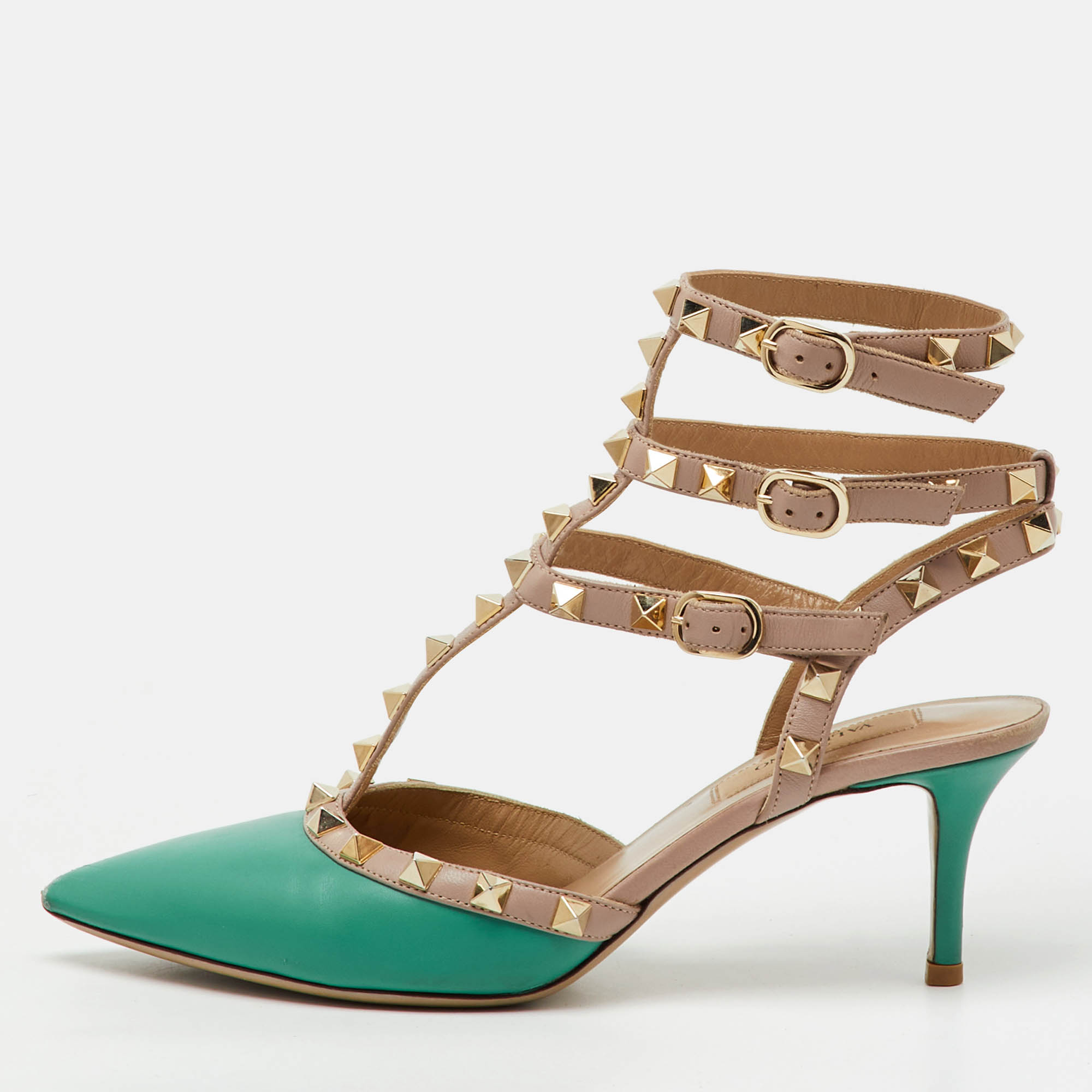 valentino green/old rose leather rockstud ankle strap pumps size 36