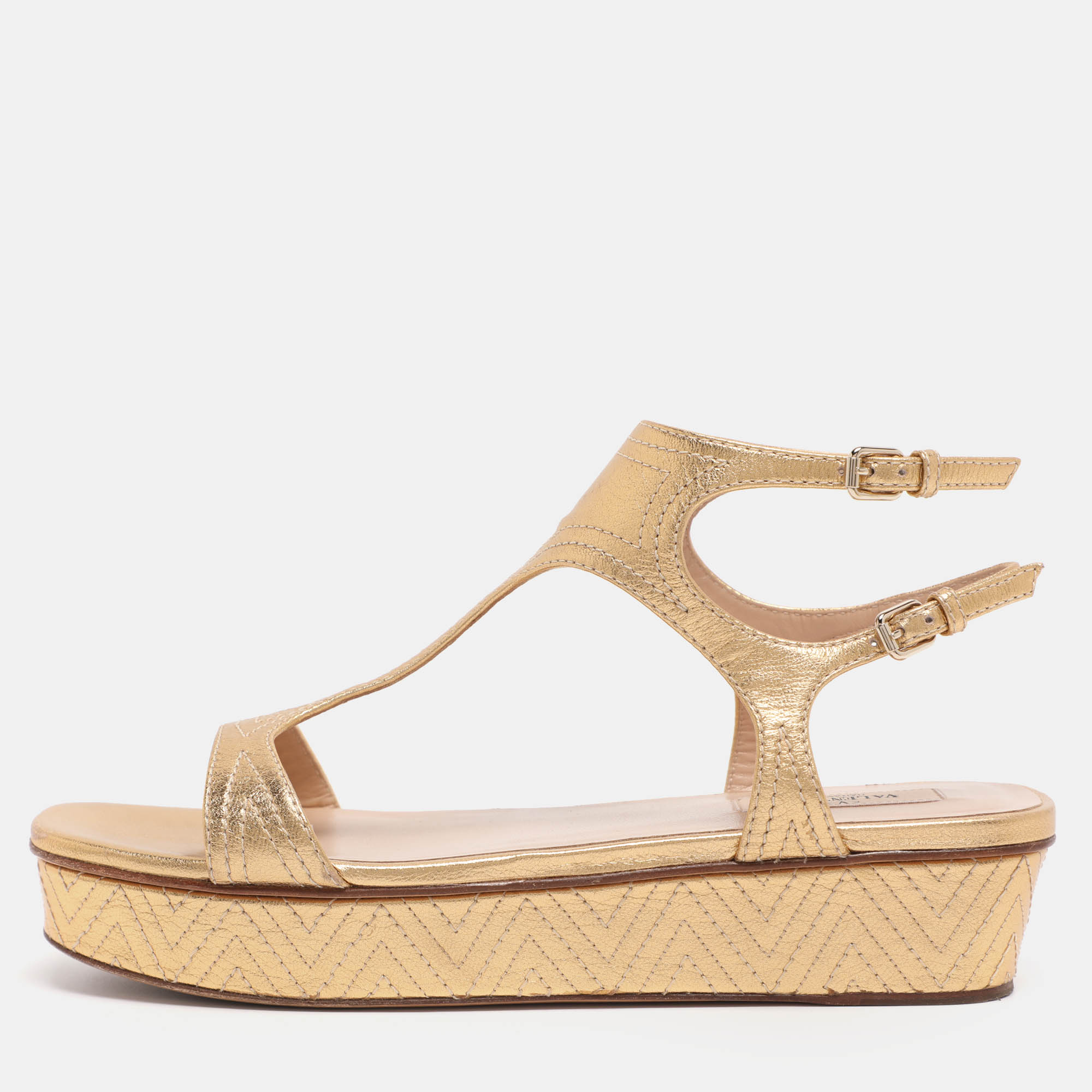 valentino gold leather t-strap sandals size 38