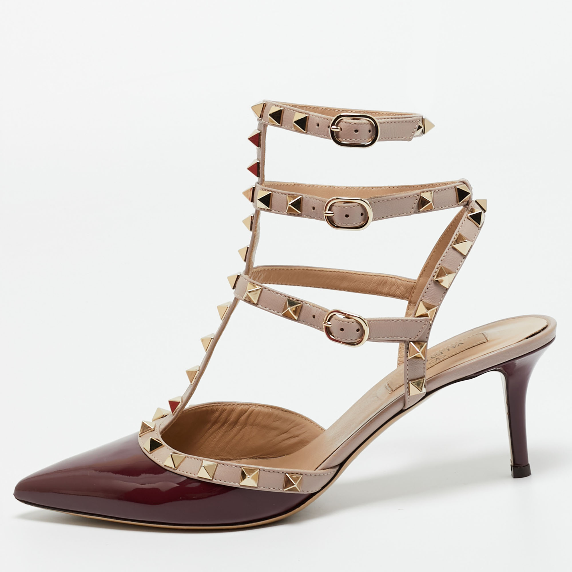 valentino burgundy/pink patent and leather rockstud caged pumps size 39