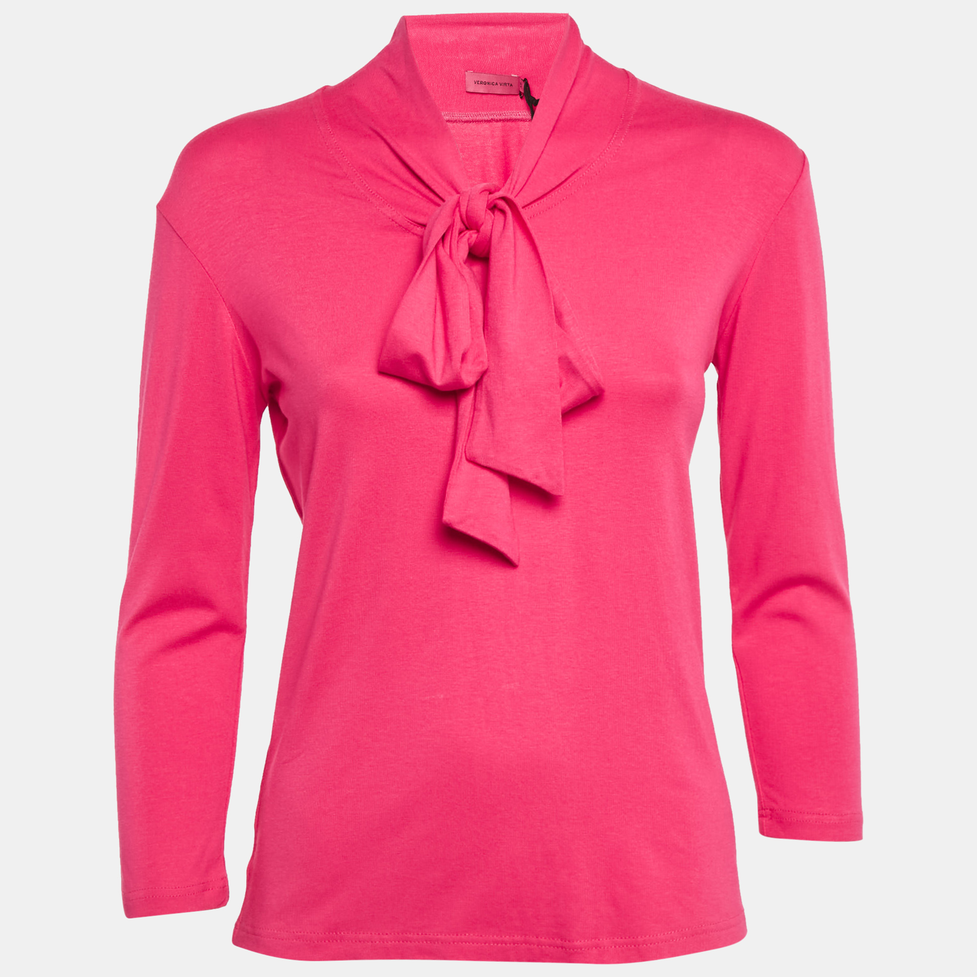 veronica virta pink jersey neck tie -up detail top xs
