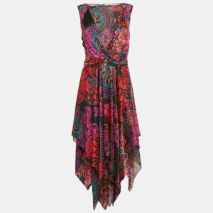 versace collection black printed satin silk asymmetric midi dress l