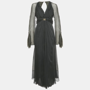 versace collection black silk drape detail v-neck maxi dress m