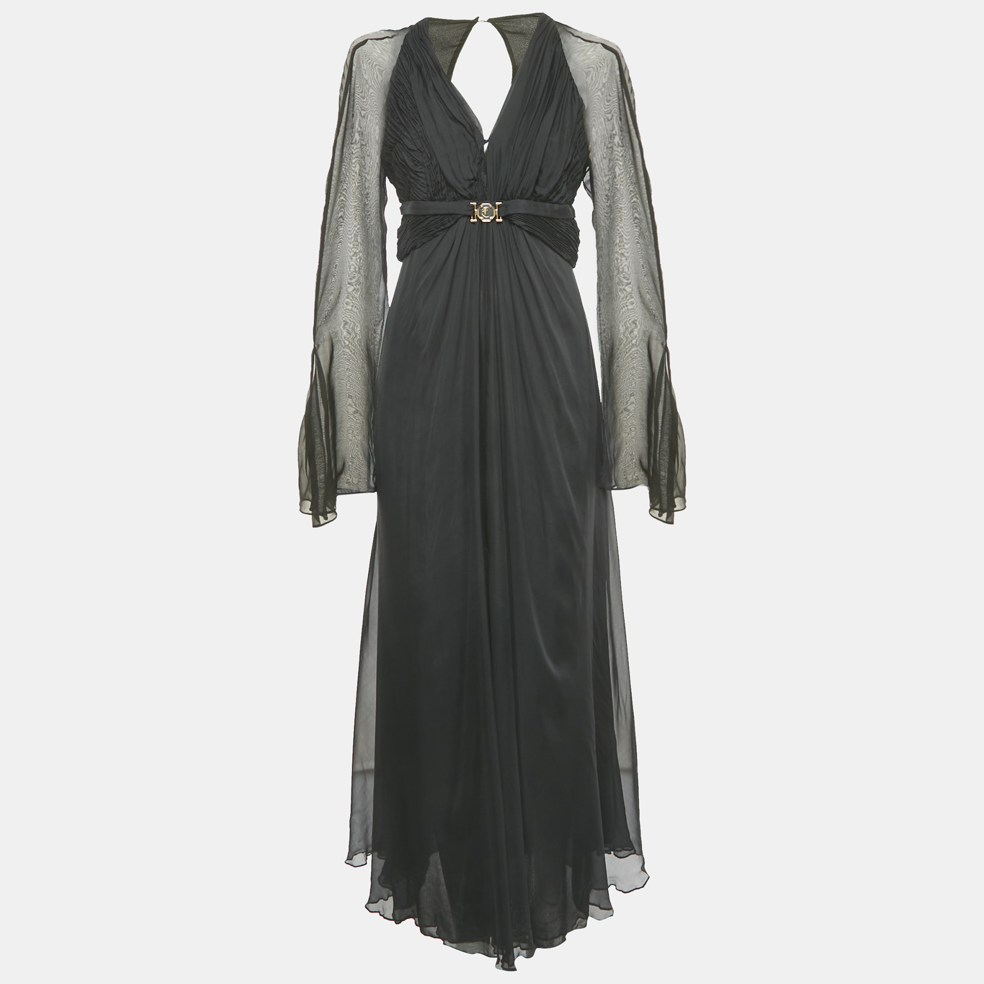versace collection black silk drape detail v-neck maxi dress m