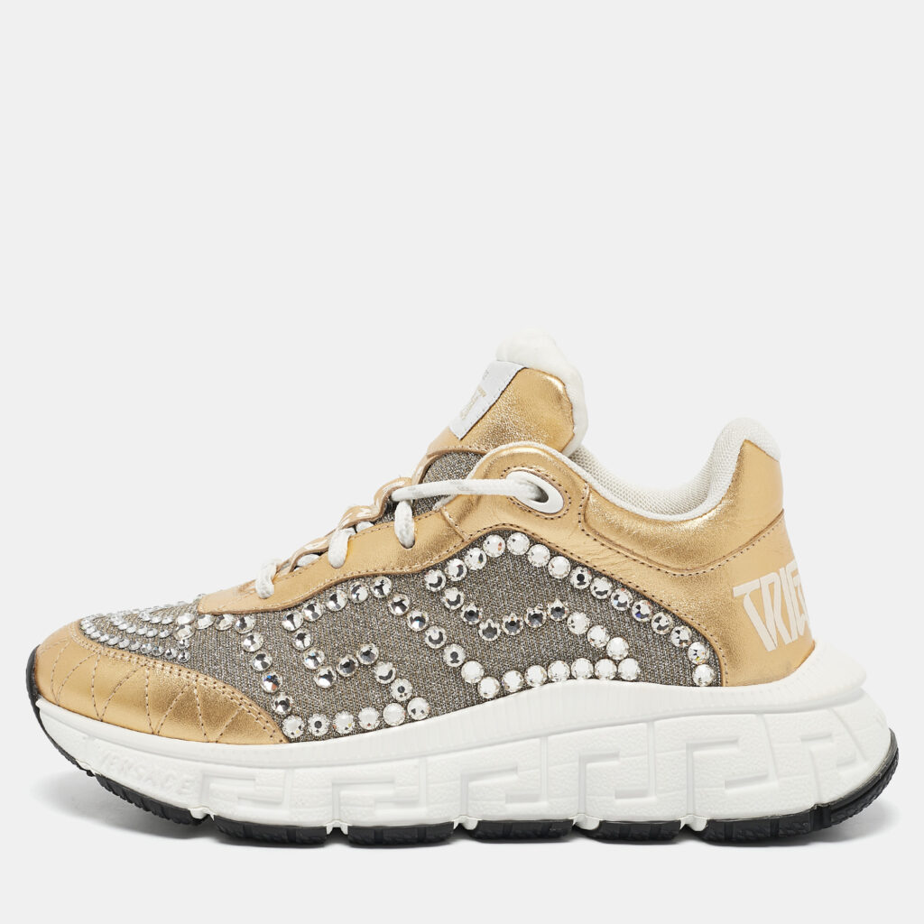 luxury-women-versace-new-shoes-p1125168-001.jpg Versace Gold/Silver Leather and Lurex Fabric Trigreca Sneakers Size 36