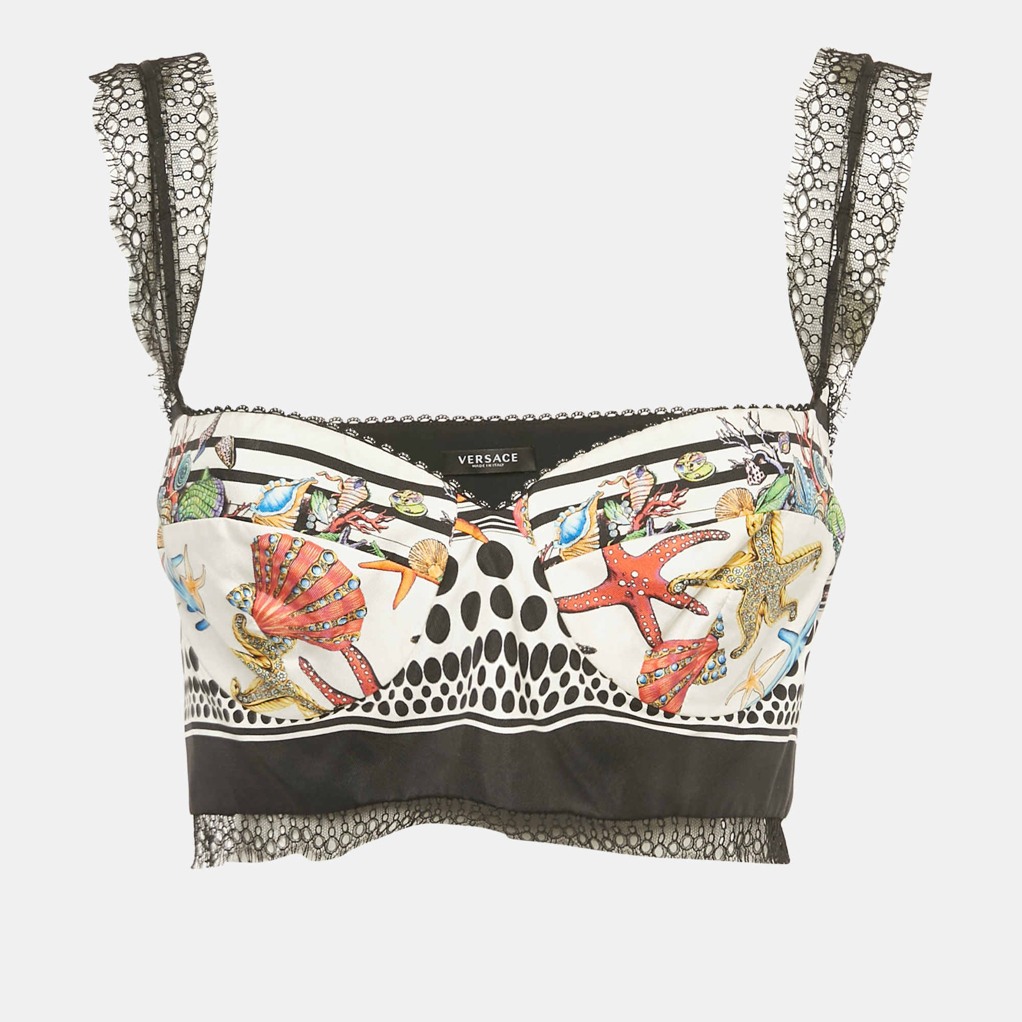 versace multicolor printed satin silk lace trimmed crop top l