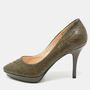 luxury-women-versace-used-shoes-p1178444-001.jpg versace olive brown embroidered leather platform pointed toe pumps size 38