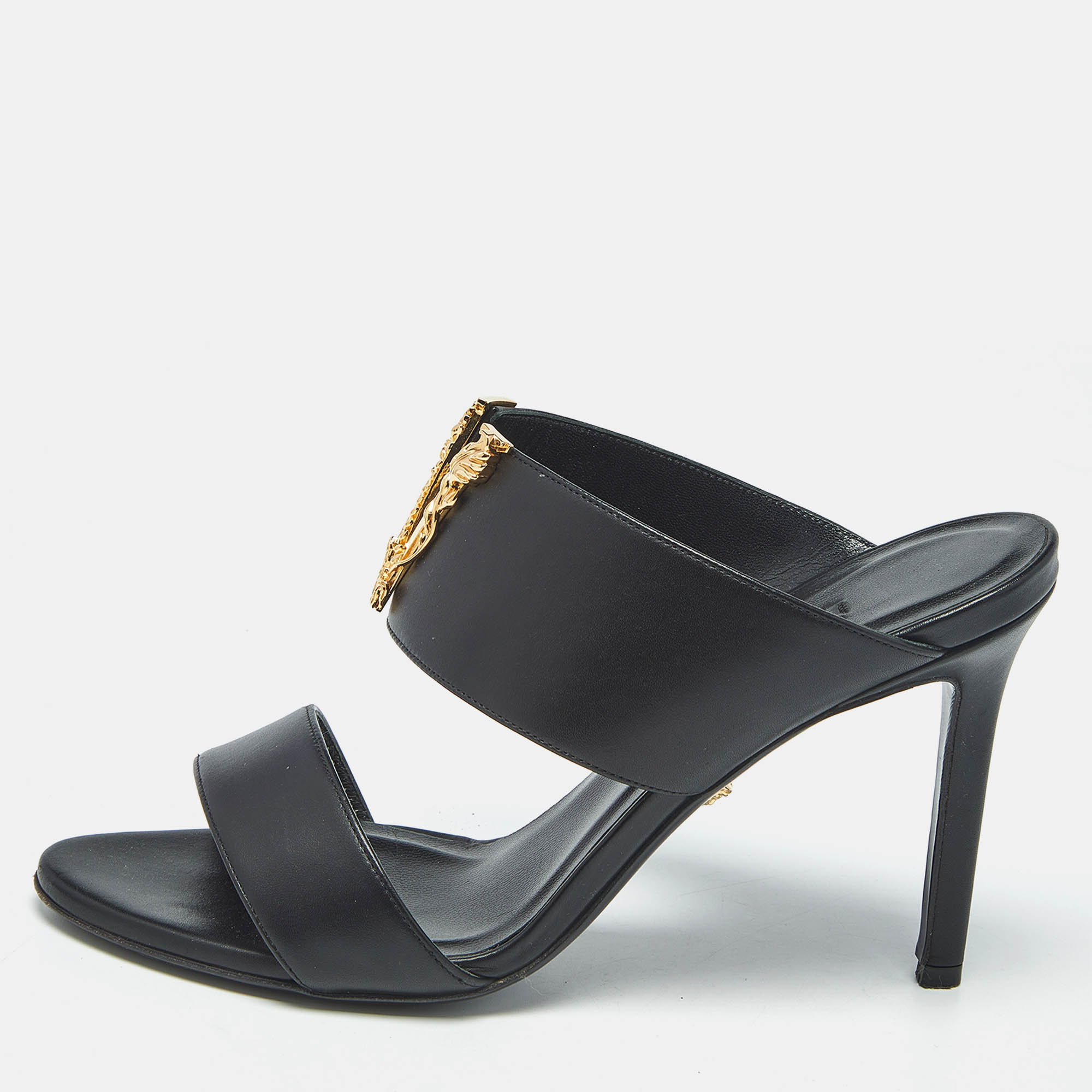 versace black leather virtus slide sandals size 37