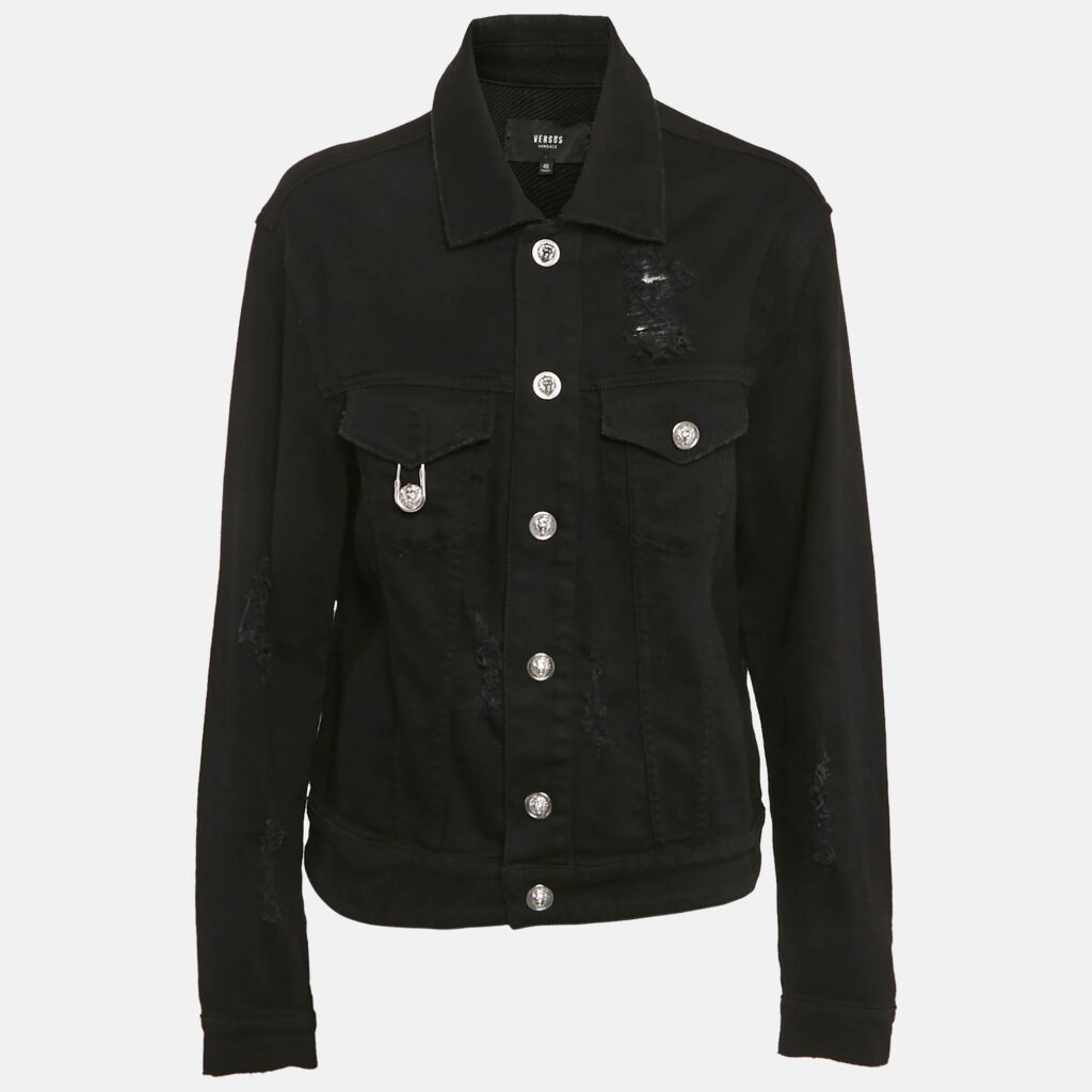 luxury-women-versus-versace-used-clothes-p1105919-007.jpg Versus Versace Black Distressed Denim Button Detail Jacket L