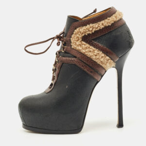 yves saint laurent black/brown shearling fur and suede tribtoo ankle length boots size 38.5