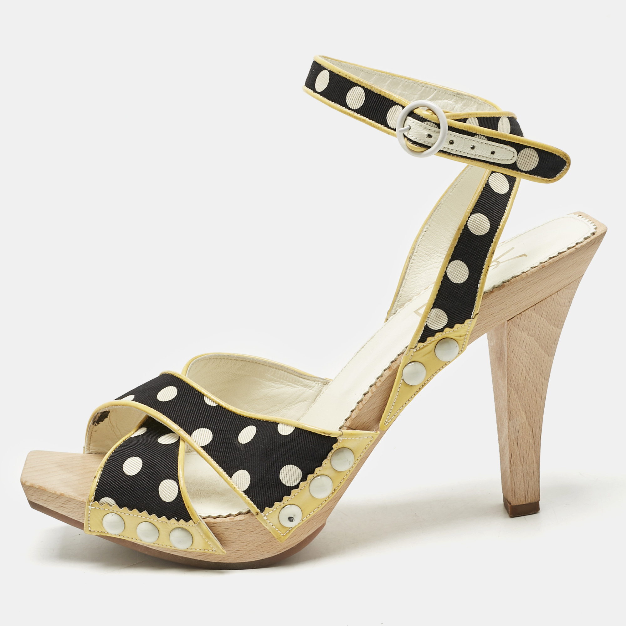 saint laurent cream/black polka dot printed fabric and  leather wooden sandals size 39
