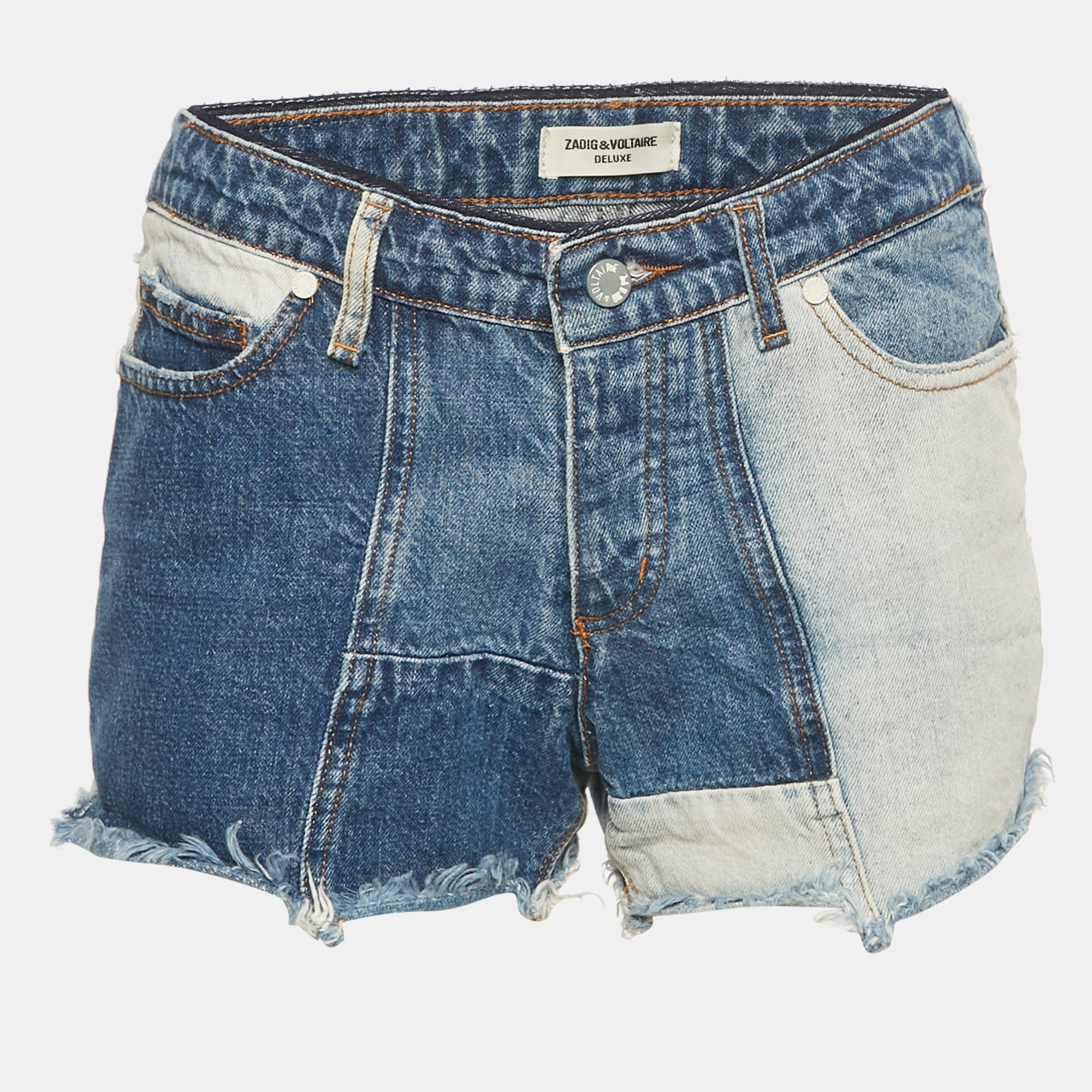 zadig & voltaire deluxe blue patchwork denim boy shorts m waist 31"